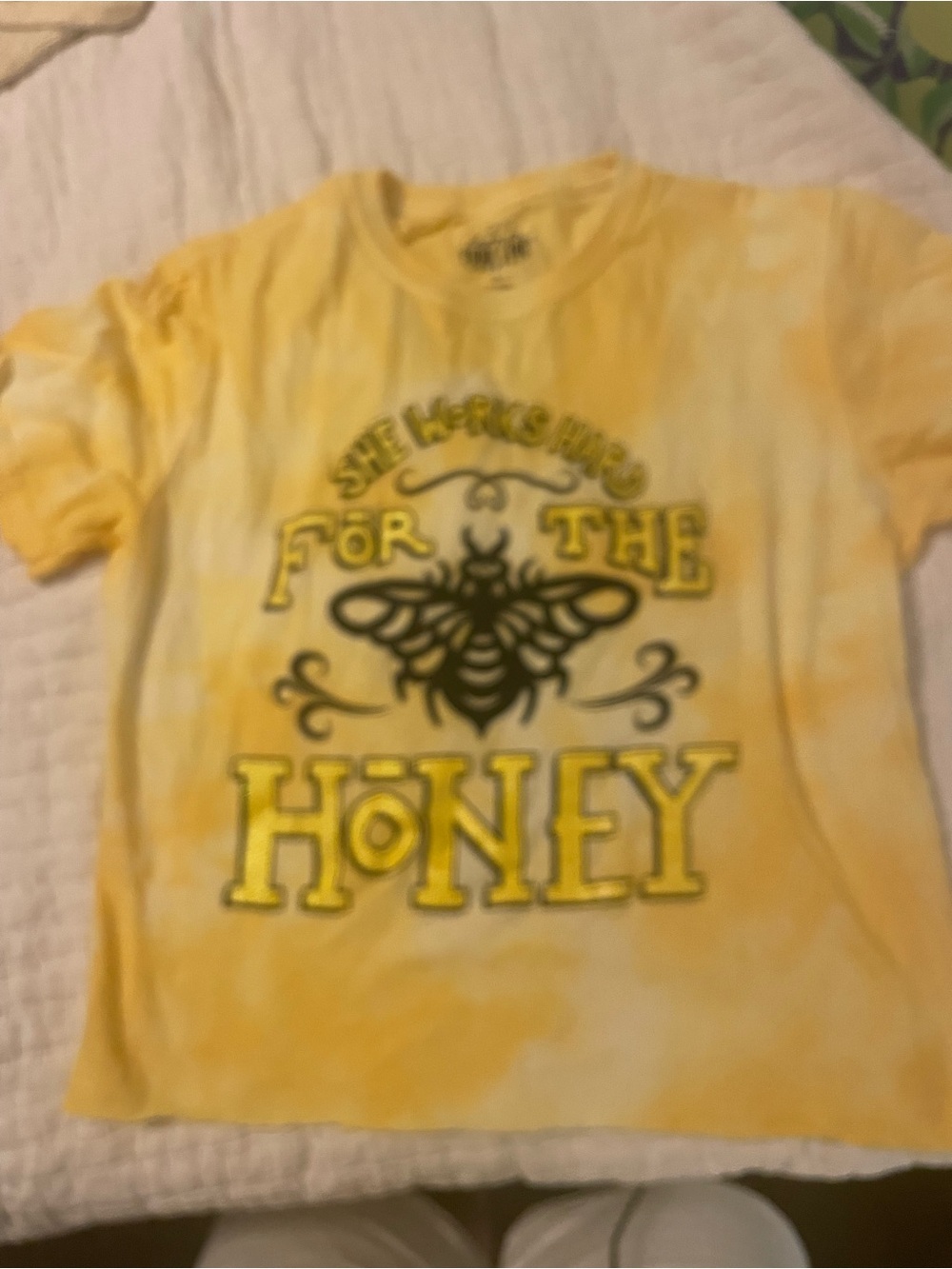 Source Unknown Yellow Tie-Dye Crop Top with Bee Graphic